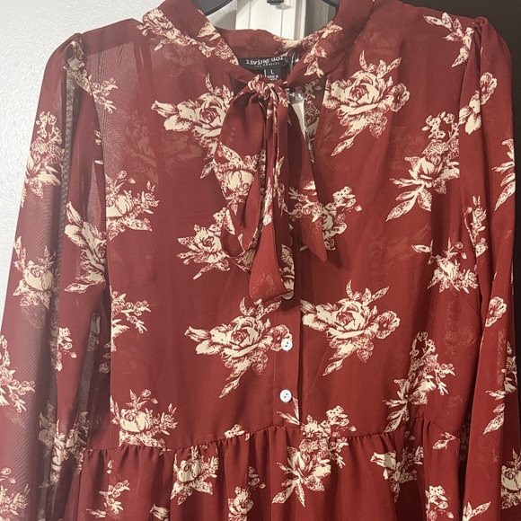 living doll Dresses & Skirts - living doll Burgundy and Cream Floral Long Sleeve Tie-Neck Dress